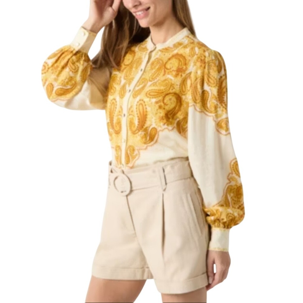 RYEGRASS‎ Paisley Print Button Up Shirt Long Sleeve Women S Yellow Linen Blend